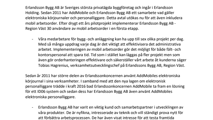 ​AddMobile tecknar koncernavtal med Erlandsson Bygg för mobil arbetsorder