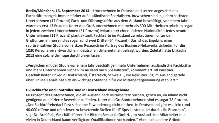 LinkedIn/Bitkom-Research-Studie: Unternehmen verstärken die Suche nach Fachkräften im Ausland