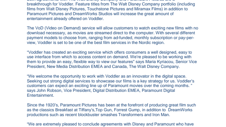 Voddler closes video-on-demand agreement with The Walt Disney Company Ltd and Paramount Pictures for multi territory movie deal.
