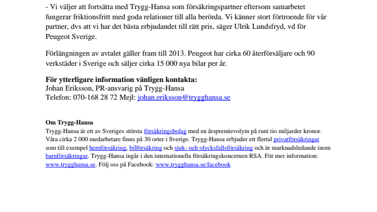 Trygg-Hansa tecknar nytt avtal med Peugeot