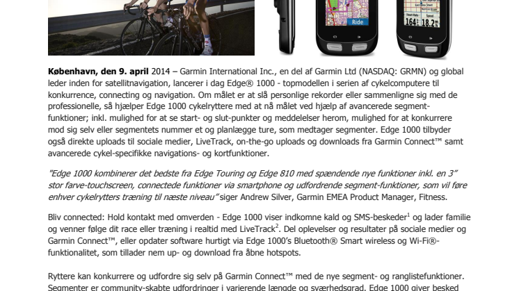Edge 1000 - ny GPS-cykelcomputer fra Garmin 