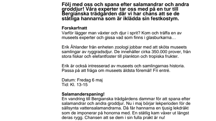 Det händer på Naturhistoriska riksmuseet i maj