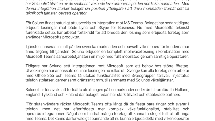 SolunoBC integreras mot Microsoft MS Teams/Lync Telephony