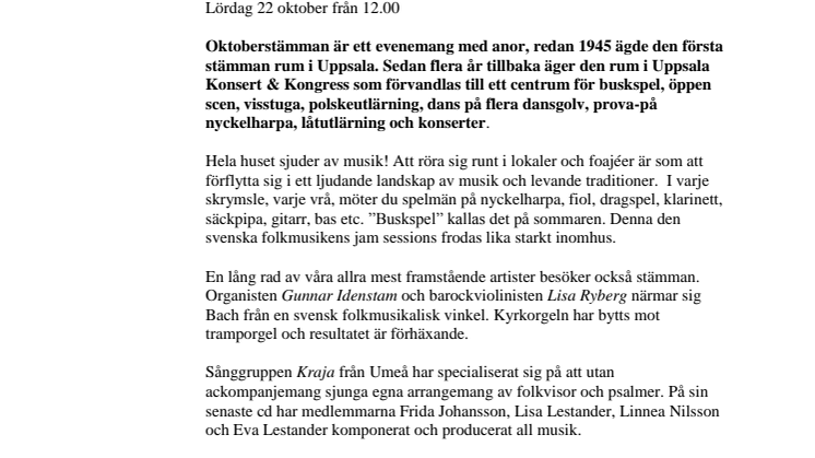 Oktoberstämman - Sveriges största inomhusfest för folkmusik 22 oktober från 12.00