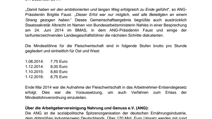 Mindestlohntarifvertrag für die Fleischwirtschaft  tritt am 1. August 2014 in Kraft 