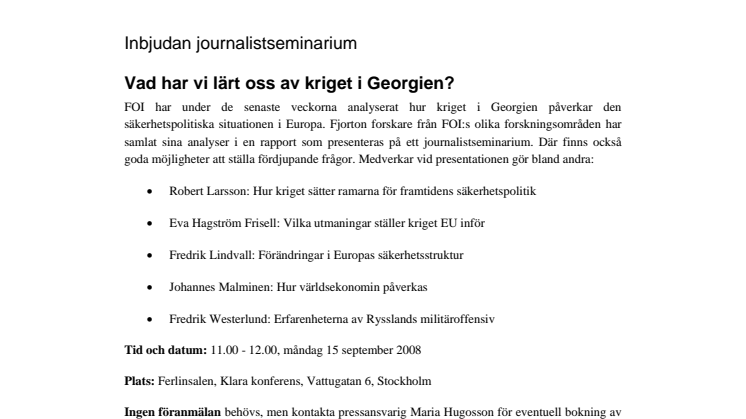 Inbjudan journalistseminarium: Vad har vi lärt oss av kriget i Georgien?