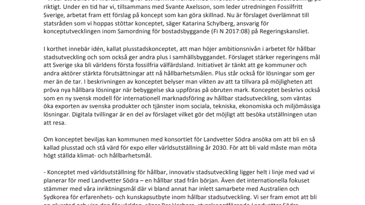 Nytt koncept med ”plusstad” kan göra Landvetter Södra del av världsutställning för hållbar stadsutveckling 2030