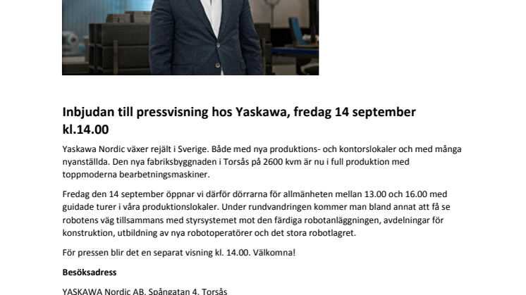 Inbjudan till pressvisning hos Yaskawa, fredag 14 september kl.14.00
