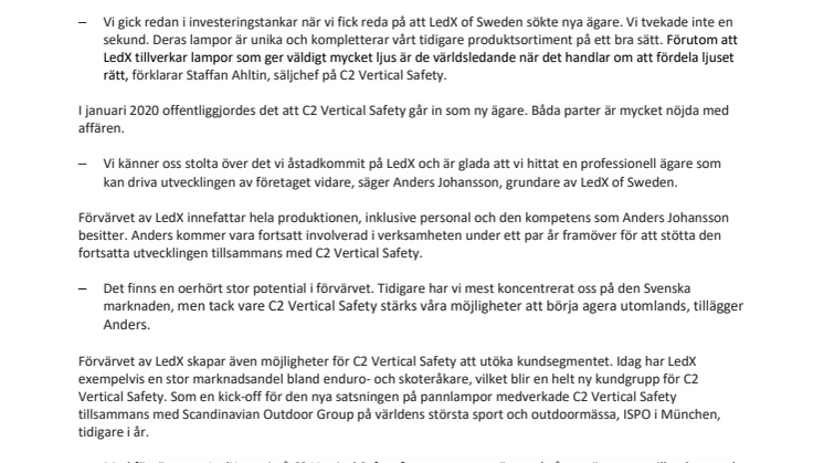 C2 Vertical Safety förvärvar pannlampsföretaget LedX 