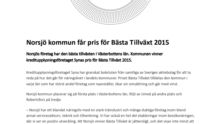 Norsjö kommun får pris för Bästa Tillväxt 2015
