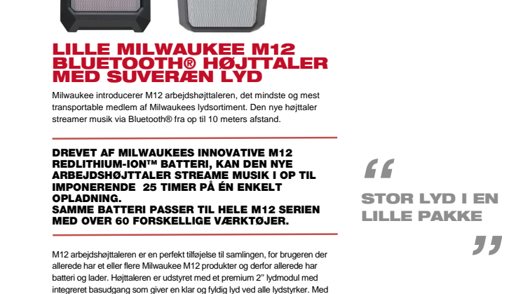 LILLE MILWAUKEE M12 BLUETOOTH® HØJTTALER MED SUVERÆN LYD
