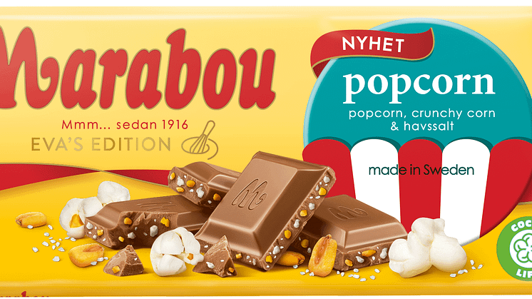Nyhet - Marabou Popcorn! Det vinnande bidraget skickades in av Eva från Kristianstad och hon får därmed sitt namn på chokladkakan. 