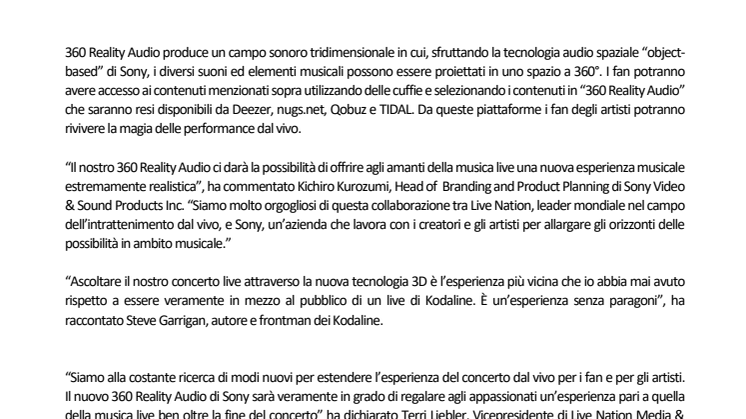 Sony lancia 360 Reality Audio, la nuova esperienza musicale che  proietta l’ascoltatore nel vivo delle discoteche e dei teatri di Live Nation