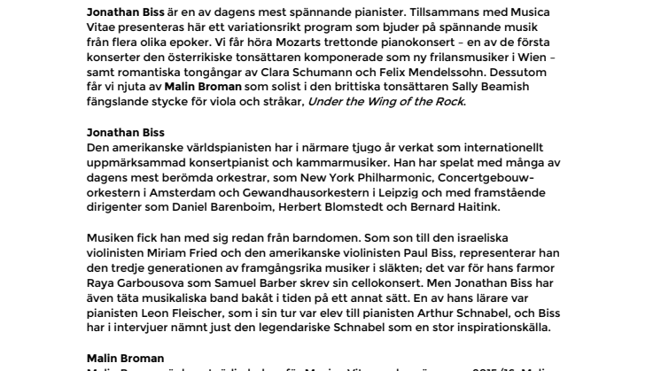 Världspianisten Jonathan Biss möter Musica Vitae på Palladium Malmö 14 april