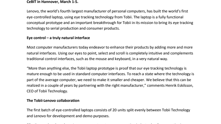 Tobii unveils the world’s first eye-controlled laptop