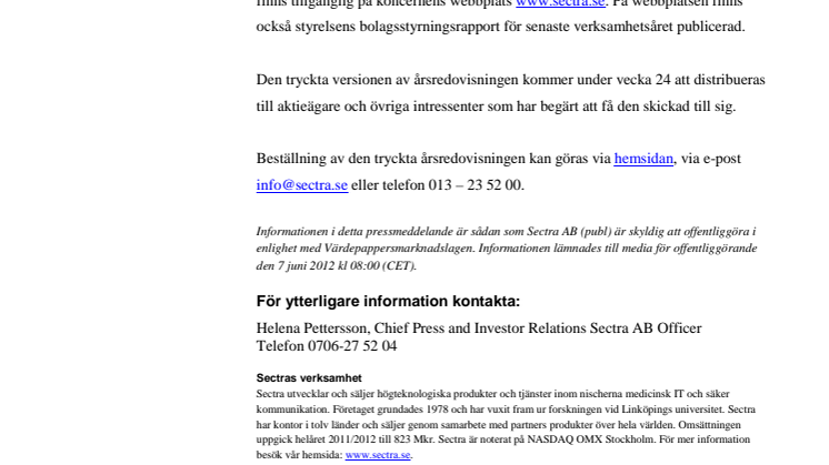 Sectras årsredovisning 2011/2012 och bolagsstyrningsrapport