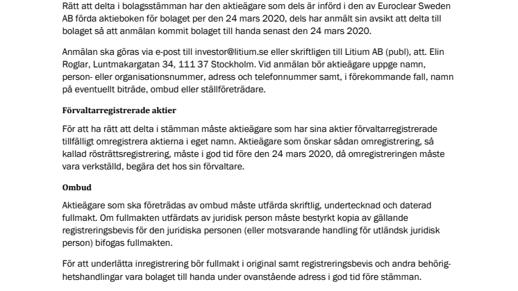 Kallelse till extra bolagsstämma i Litium AB (publ)