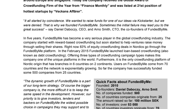 FundedByMe chosen as the Crowdfunding Firm of the Year 2015 and listed as one of the hottest startup in Sweden
