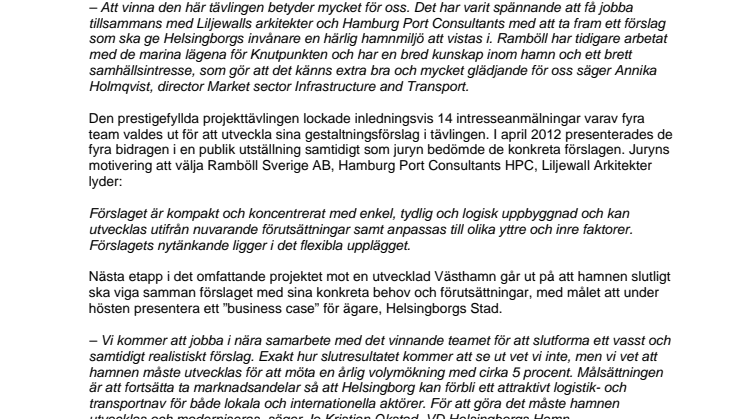Helsingborgs Hamn har utsett vinnare i projekttävlingen om framtidens Västhamn 