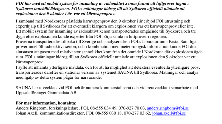 FOI fann radioaktivt xenon efter explosion i Nordkorea 