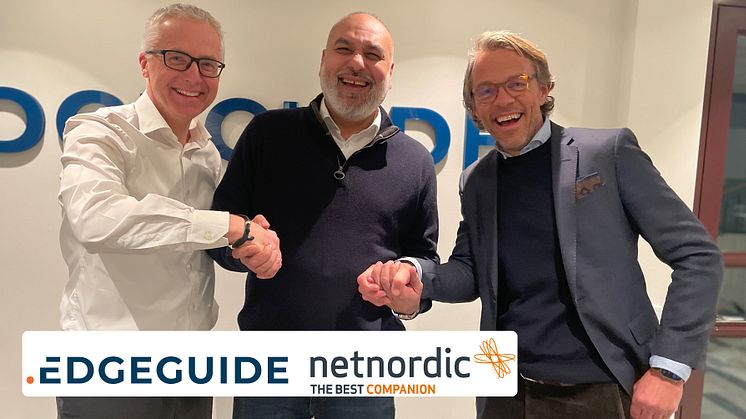Från vänster: Jarl Øverby, CEO NetNordic Group, Ali Qureshi, CEO EdgeGuide och Fredrik Rosman, CEO NetNordic Sweden.