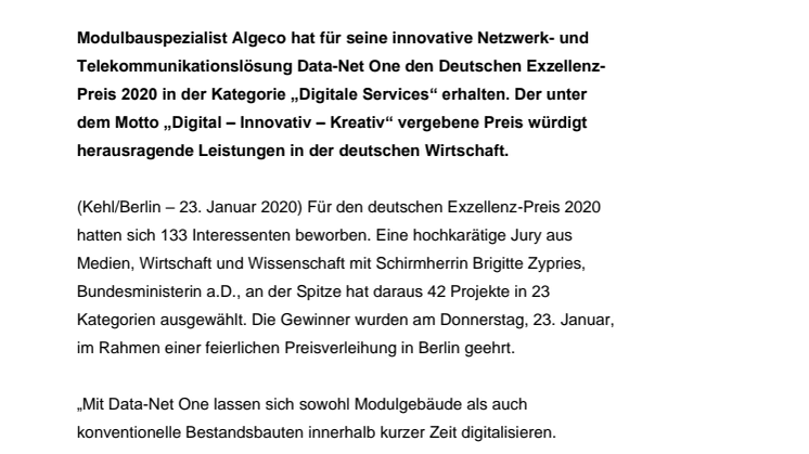 Algeco mit dem Deutschen Exzellenz-Preis 2020 ausgezeichnet