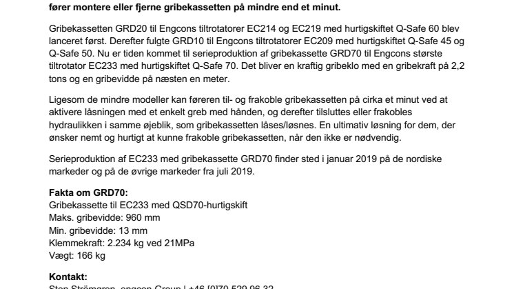 Engcon serieproducerer aftagelig gribeklo til deres største tiltrotator – den vil gøre gravemaskinen endnu mere effektiv