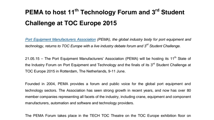 PEMA to host 11th Technology Forum and 3rd Student Challenge at TOC Europe 2015