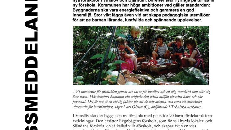 Nya förskolor på gång i Vinslöv och Bjärnum - Hässleholms kommun bygger för framtiden   