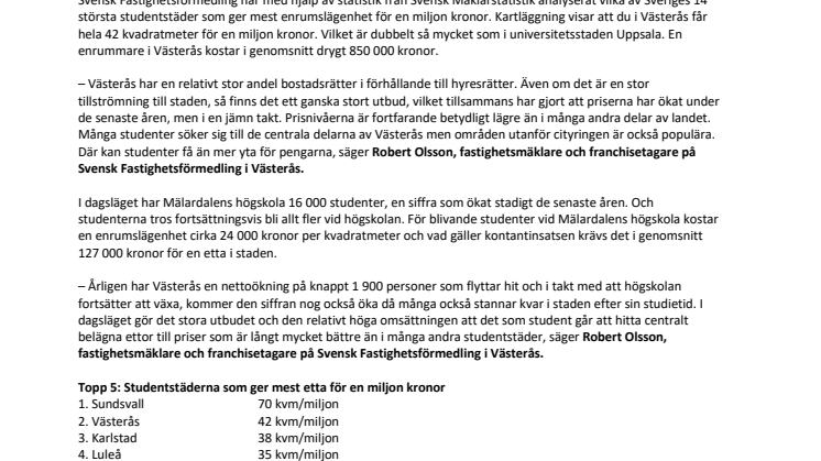 Ny kartläggning visar: Västerås ger näst mest studentlägenhet för pengarna