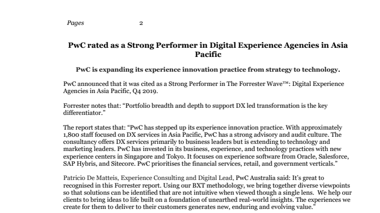 PwC rated as a Strong Performer in Digital Experience Agencies in Asia Pacific