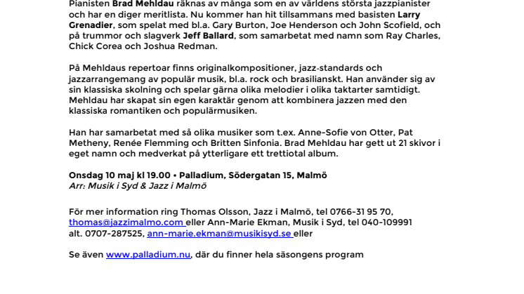 Brad Mehldau Trio på Palladium Malmö 10 maj