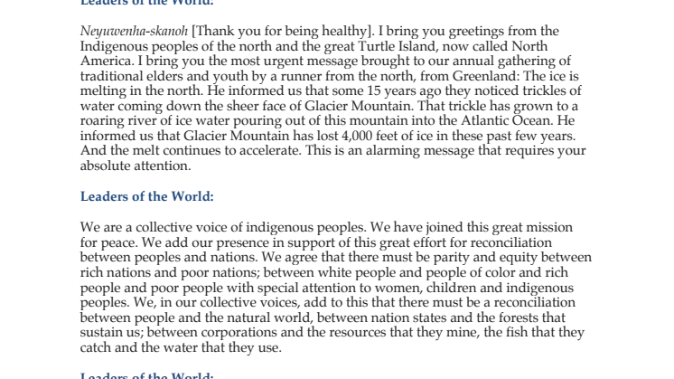 The Ice is Melting in the North: Statement to the UN Peace Summit, August 28-31, 2000, by Oren R. Lyons