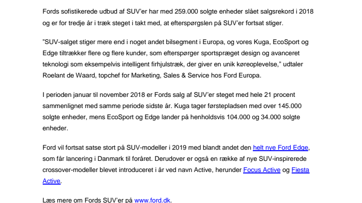 Fords europæiske SUV-salg slår salgsrekord i 2018