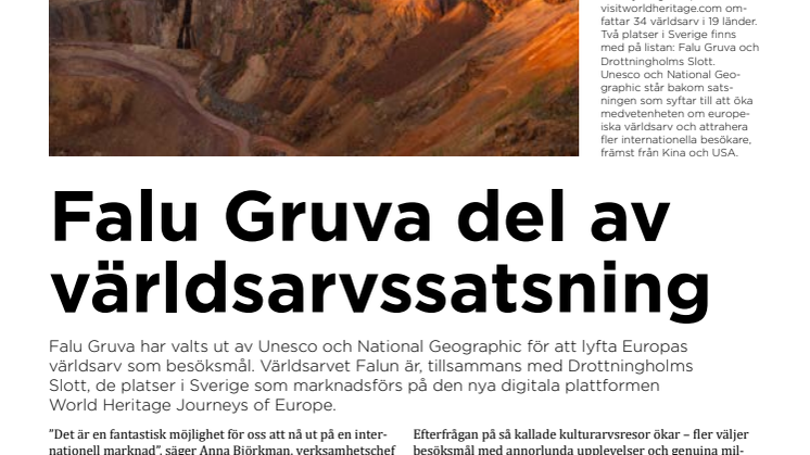 Falu Gruva del av ny internationell satsning på världsarv som besöksmål