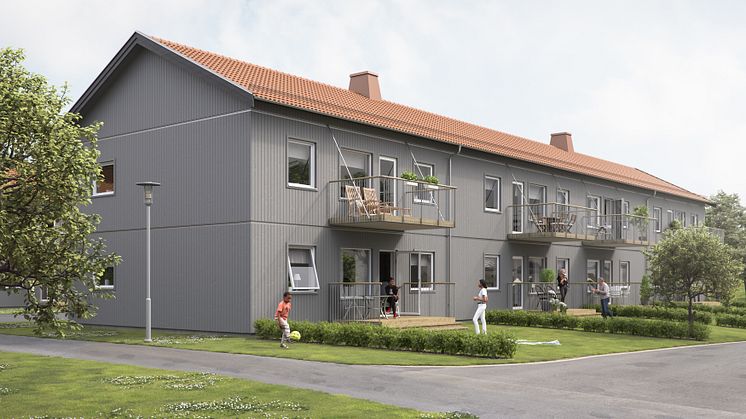 Illustration av gårdssida med balkonger och uteplatser, BoKlok Goliat i Hammarkullen. 