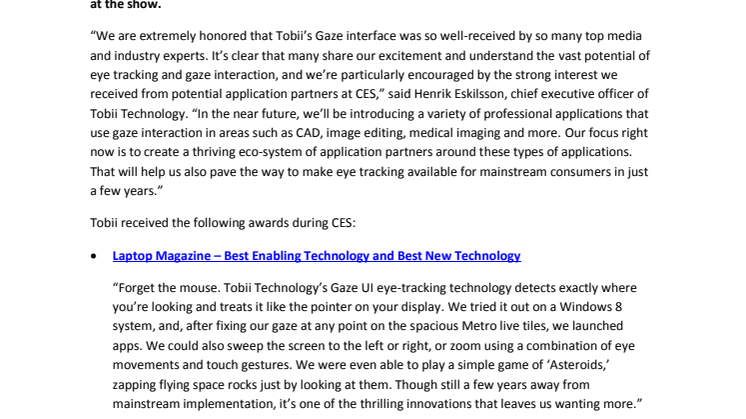 Eyes on the Prize: Tobii’s Debut at CES Results in Three ‘Best of Show’ Awards for Gaze Interface