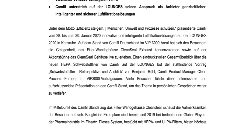 Camfil überzeugt auf der LOUNGES 2020