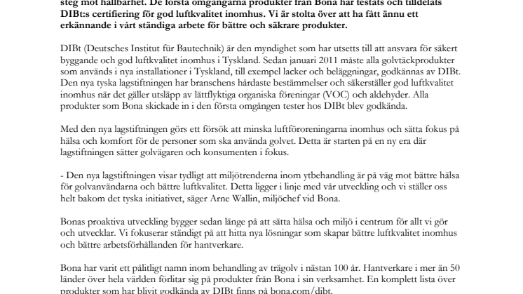 Första omgången produkter från Bona får godkännande av DIBt för låga utsläpp inomhus