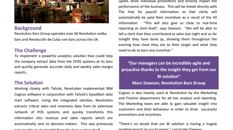 Revolution Bars implement powerful analytics solution provided by Tahola