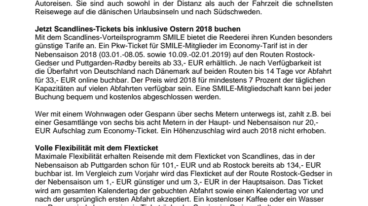 Scandlines präsentiert Fahrplan 2018: Preise für Economy-Tickets bleiben stabil