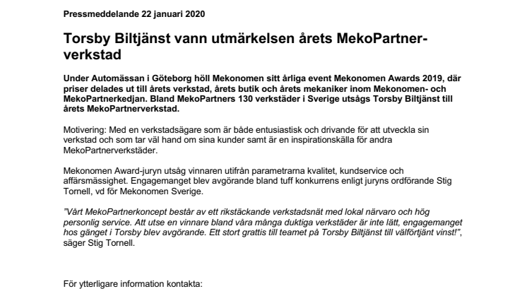 Torsby Biltjänst vann utmärkelsen årets MekoPartnerverkstad