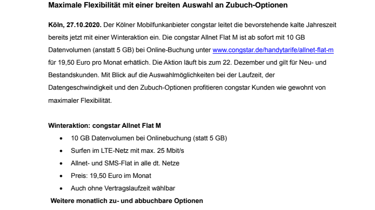 congstar Allnet Flat M mit 10 GB im LTE-Netz für 19,50 Euro pro Monat 