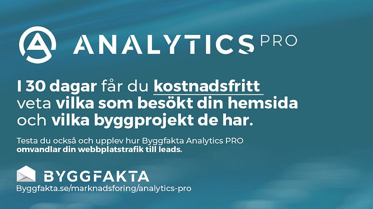 Nu får du både veta vilka som besökt din hemsida OCH vilka byggprojekt de planerar eller är involverade i. Testa Analytics PRO skarpt utan kostnad i 30 dagar.