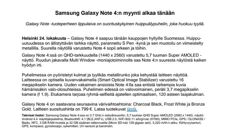 Samsung Galaxy Note 4:n myynti alkaa tänään