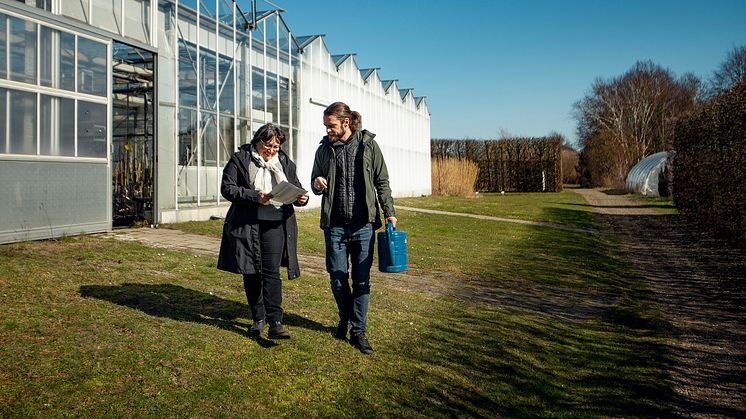 Forskare går utanför växthus, tittar på dokument.