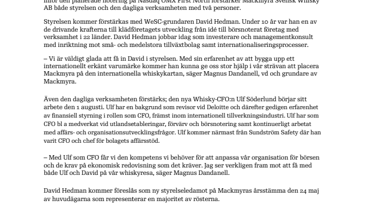WeSC-grundaren David Hedman till Mackmyra
