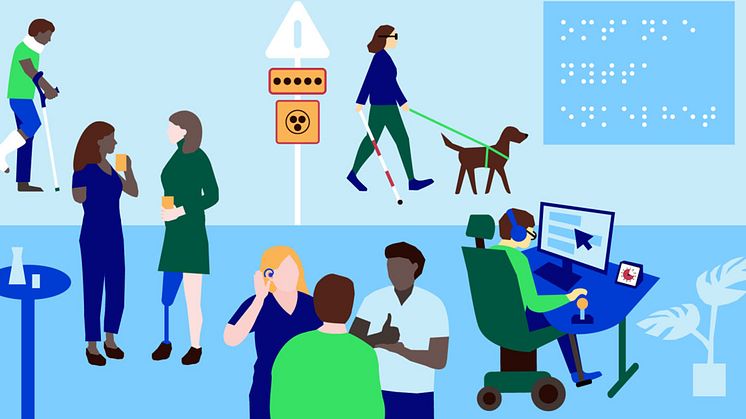 Personer med funktionsvariationer i tillgänglig miljö. Hjälpmedel som rullstol, ledarhund, hörapparat, benprotes, punktskrift