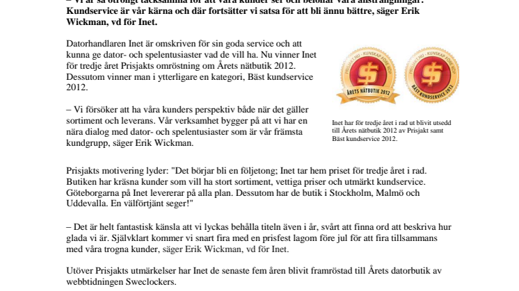 Inet vinner dubbelt – Årets nätbutik och Bäst kundservice 2012