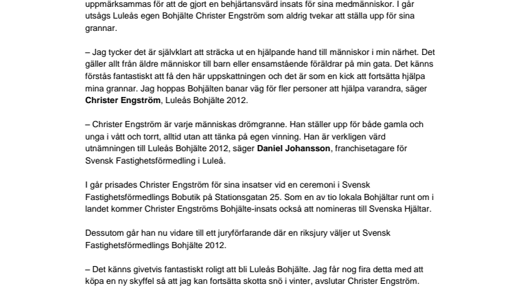 Christer Engström är Luleås Bohjälte 2012  